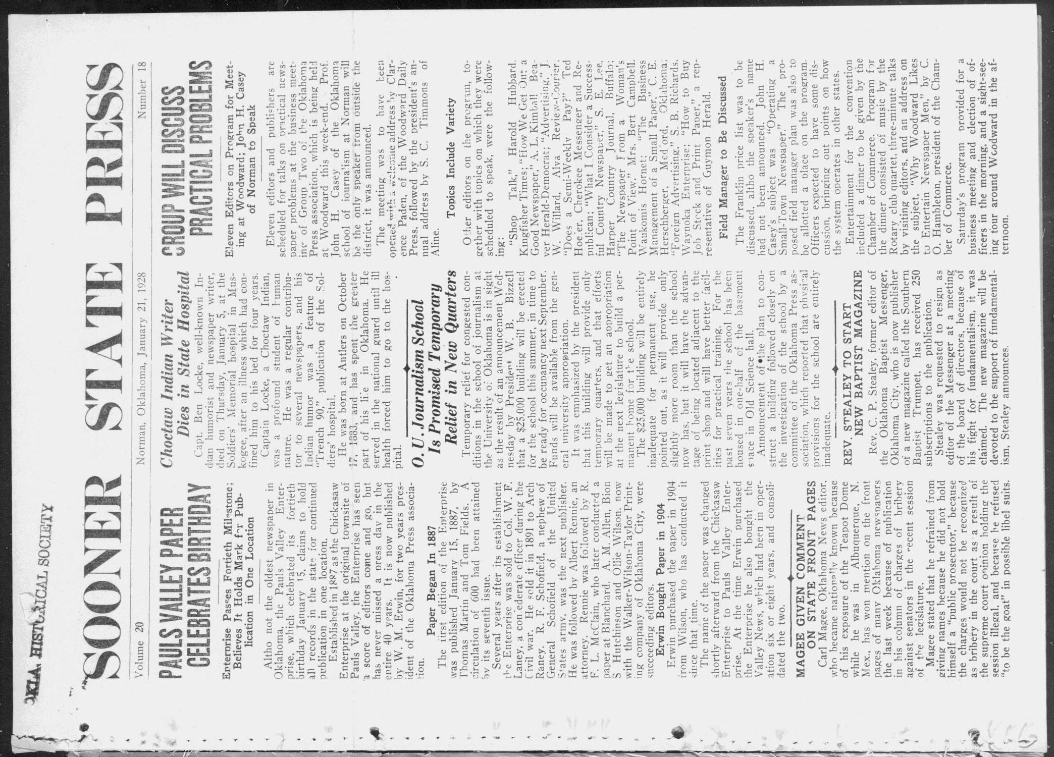 Sooner State Press (Norman, Okla.), Vol. 20, No. 18, Ed. 1 Saturday, January 21, 1928
                                                
                                                    [Sequence #]: 1 of 4
                                                