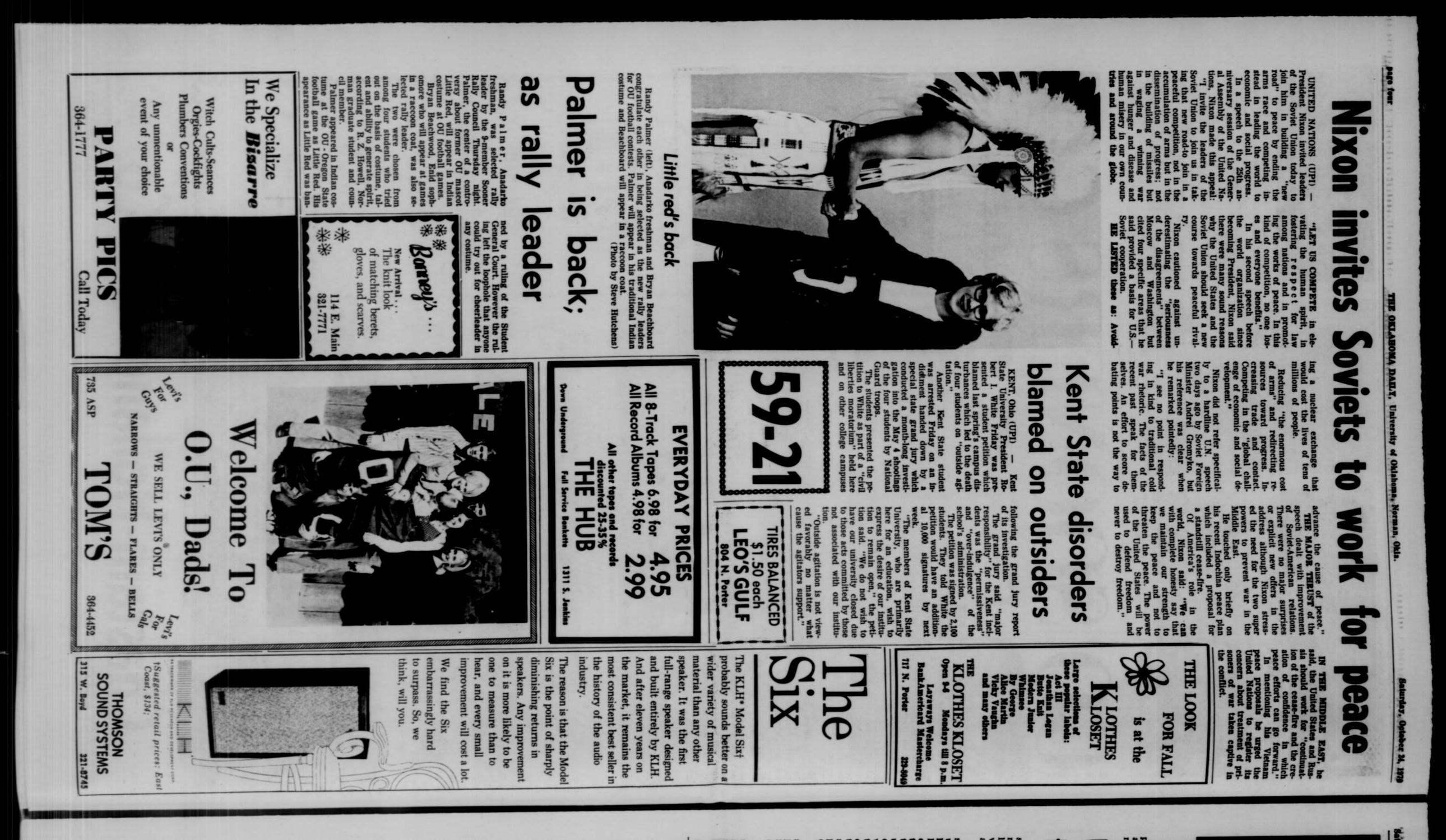 The Oklahoma Daily (Norman, Okla.), Vol. 1, No. 44, Ed. 1 Saturday, October 24, 1970
                                                
                                                    [Sequence #]: 4 of 16
                                                