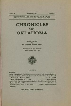 Primary view of object titled 'Chronicles of Oklahoma, Volume 5, Number 3, September 1927'.