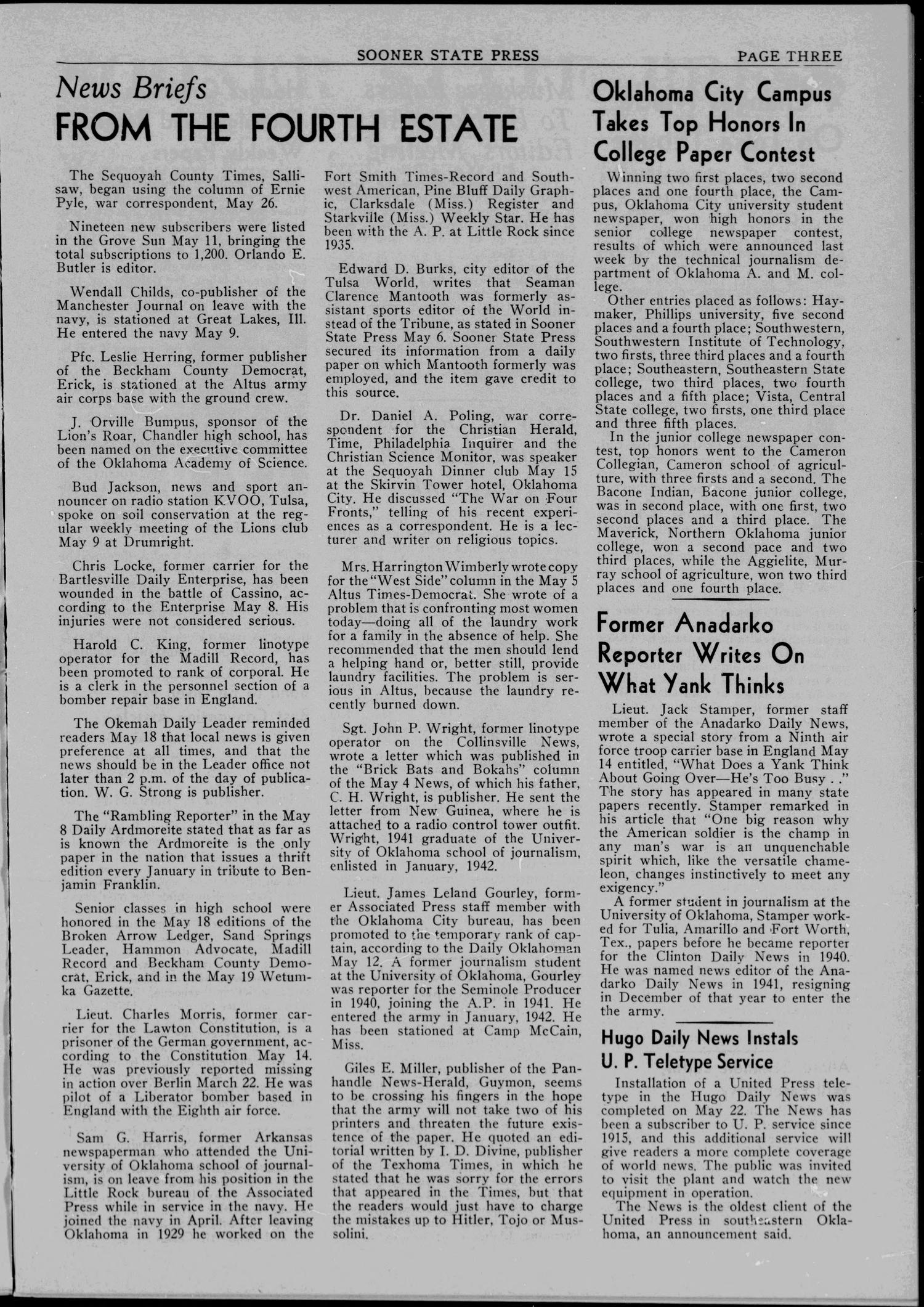 Sooner State Press (Norman, Okla.), Vol. 35, No. 81, Ed. 1 Saturday, May 27, 1944
                                                
                                                    [Sequence #]: 3 of 4
                                                