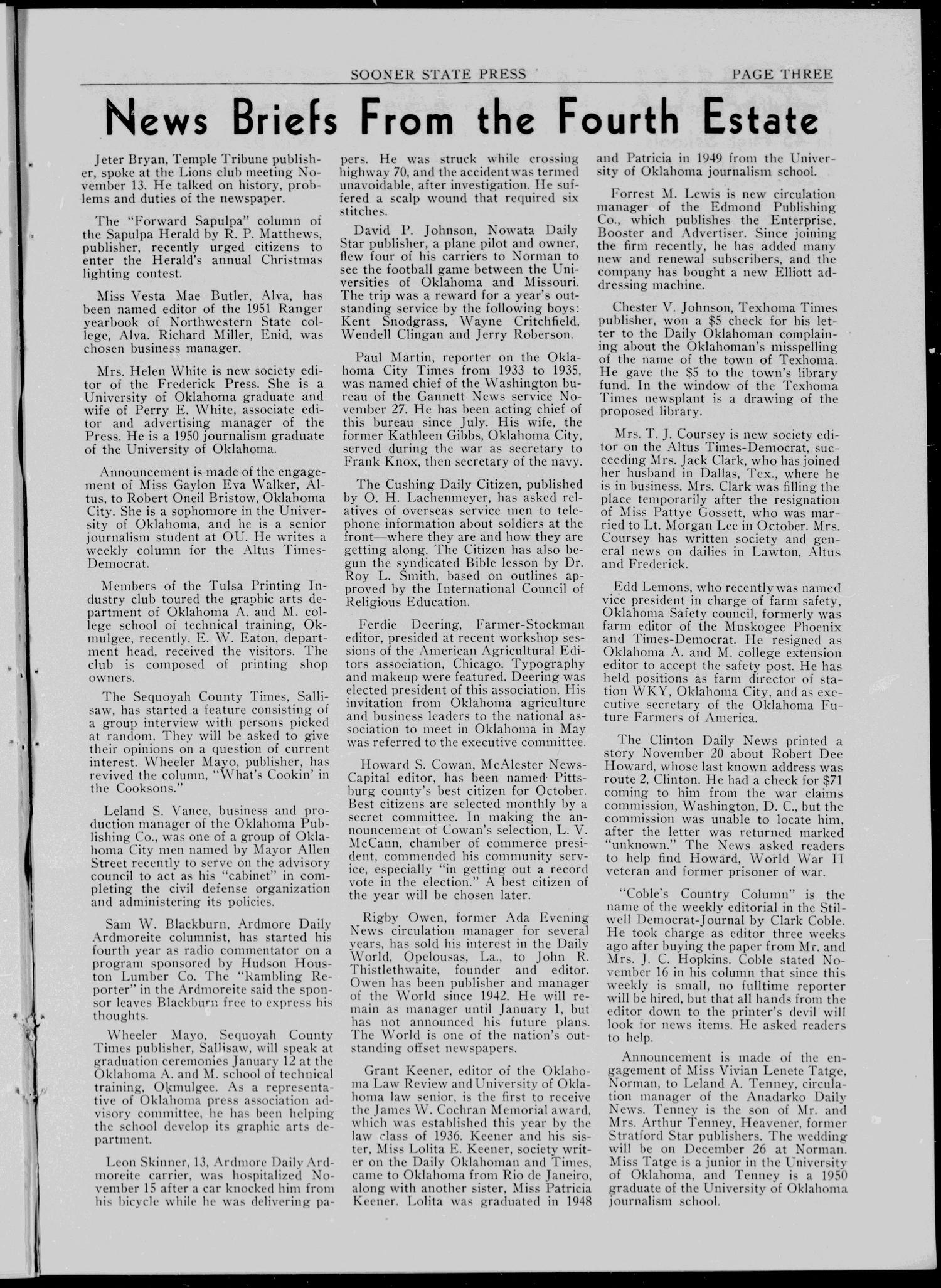 Sooner State Press (Norman, Okla.), Vol. 42, No. 58, Ed. 1 Saturday, December 9, 1950
                                                
                                                    [Sequence #]: 3 of 4
                                                
