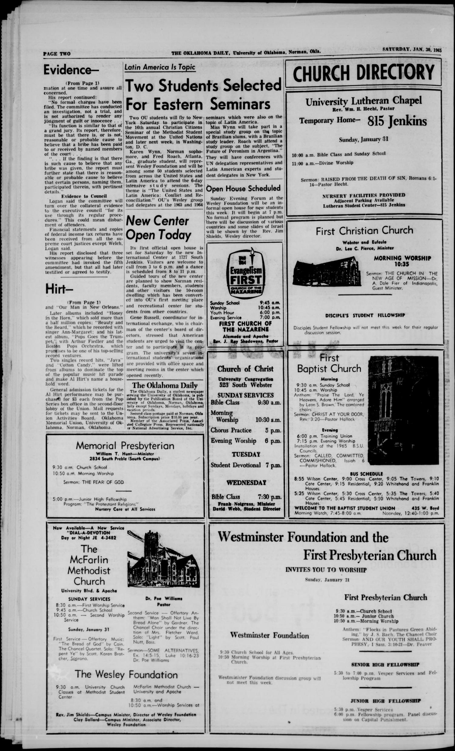 The Oklahoma Daily (Norman, Okla.), Vol. 51, No. 83, Ed. 1 Saturday, January 30, 1965
                                                
                                                    [Sequence #]: 2 of 12
                                                