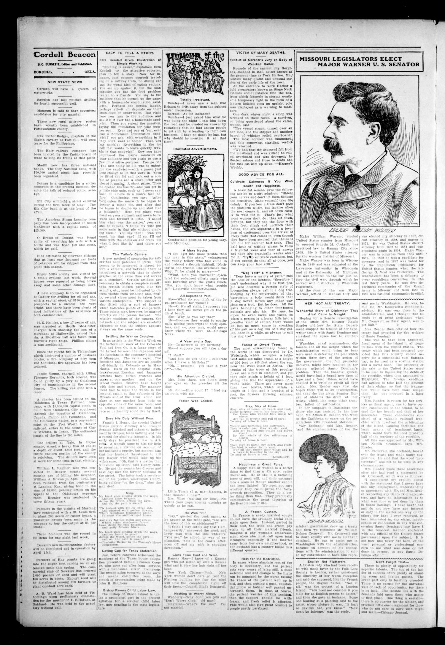The Cordell Weekly Beacon. (Cordell, Okla.), Vol. 8, No. 36, Ed. 1 Thursday, March 30, 1905
                                                
                                                    [Sequence #]: 4 of 8
                                                