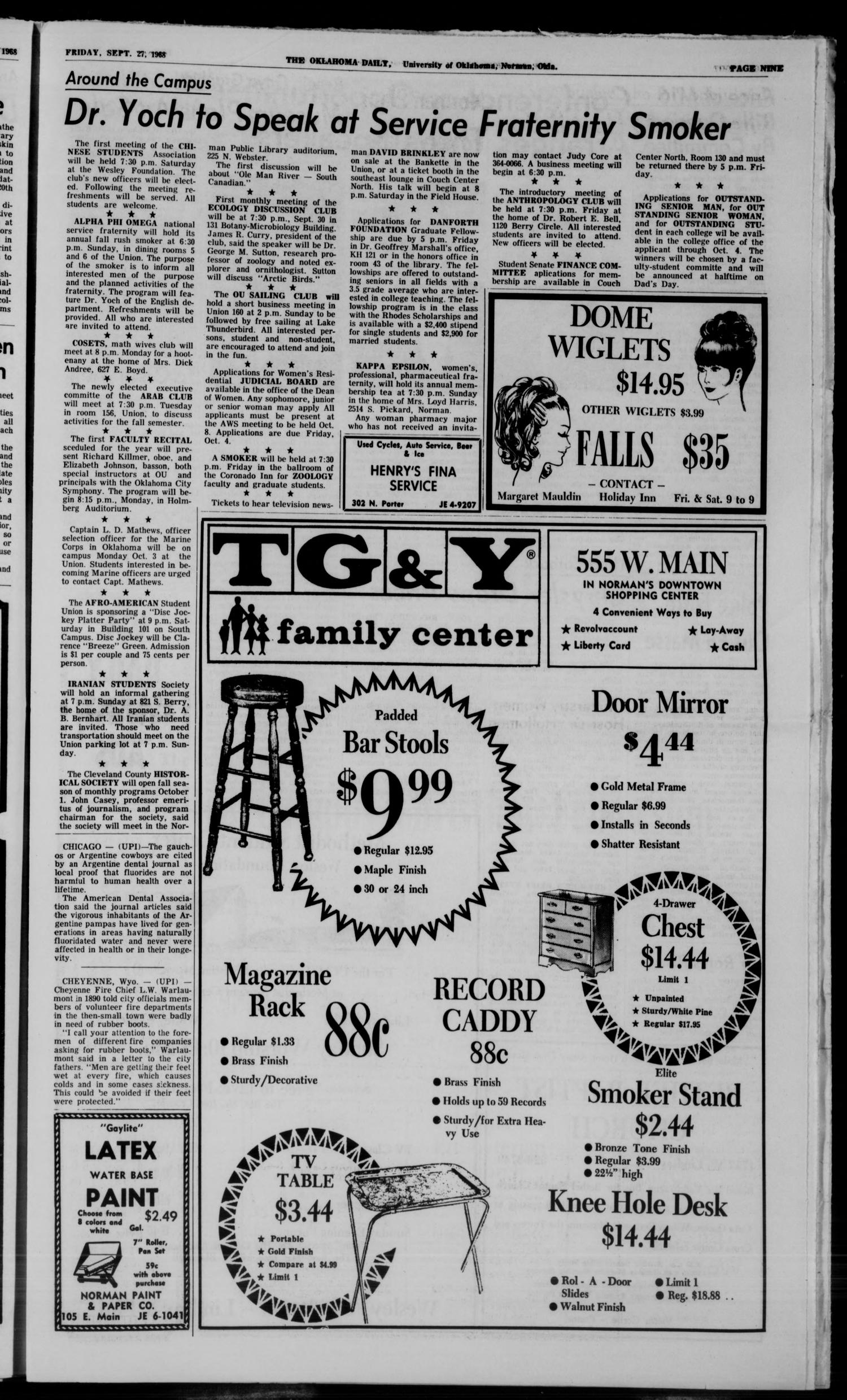 The Oklahoma Daily (Norman, Okla.), Vol. 55, No. 14, Ed. 1 Friday, September 27, 1968
                                                
                                                    [Sequence #]: 9 of 20
                                                