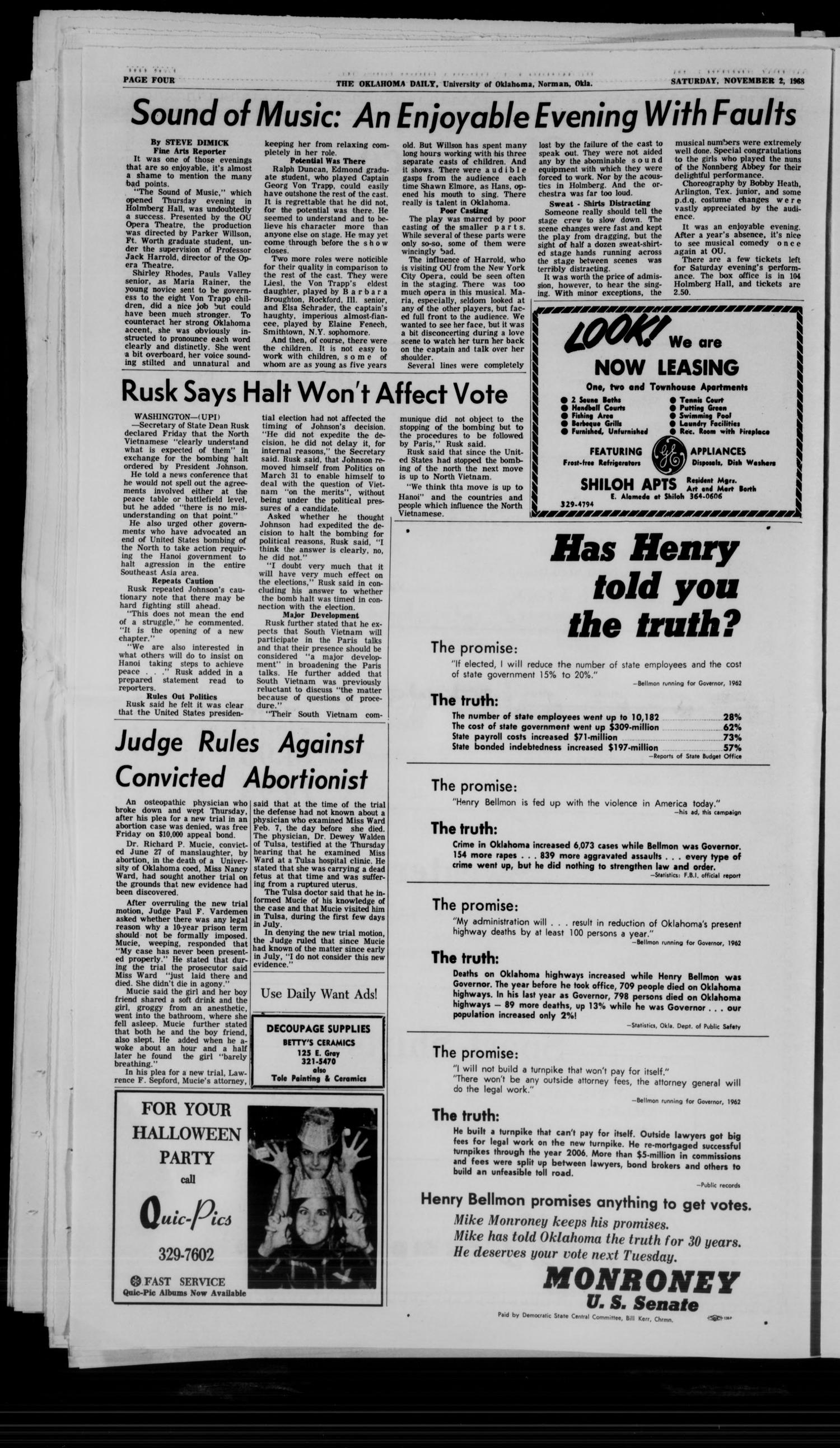 The Oklahoma Daily (Norman, Okla.), Vol. 55, No. 40, Ed. 1 Saturday, November 2, 1968
                                                
                                                    [Sequence #]: 4 of 22
                                                