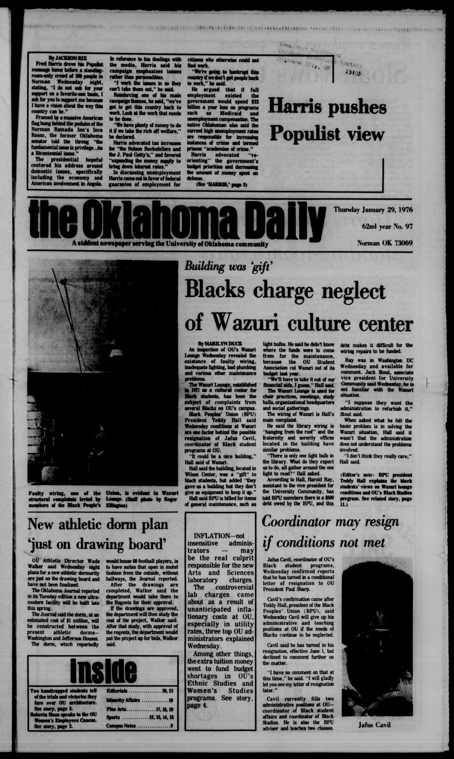 The Oklahoma Daily (Norman, Okla.), Vol. 62, No. 97, Ed. 1 Thursday, January 29, 1976
                                                
                                                    [Sequence #]: 1 of 26
                                                