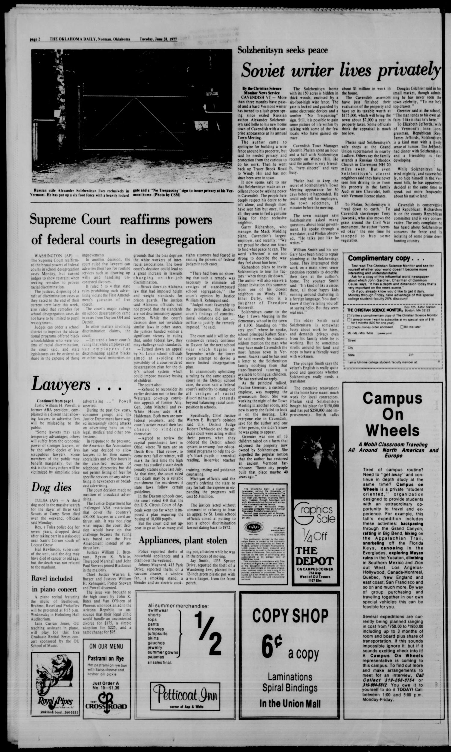 The Oklahoma Daily (Norman, Okla.), Vol. 63, No. 181, Ed. 1 Tuesday, June 28, 1977
                                                
                                                    [Sequence #]: 2 of 8
                                                