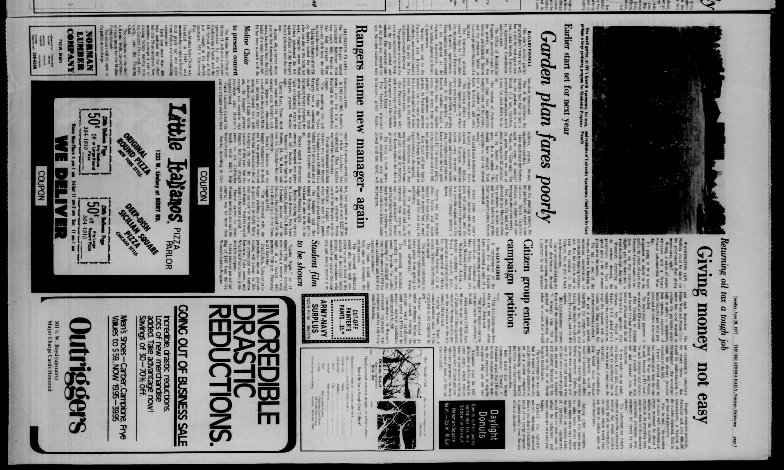 The Oklahoma Daily (Norman, Okla.), Vol. 63, No. 181, Ed. 1 Tuesday, June 28, 1977
                                                
                                                    [Sequence #]: 3 of 8
                                                