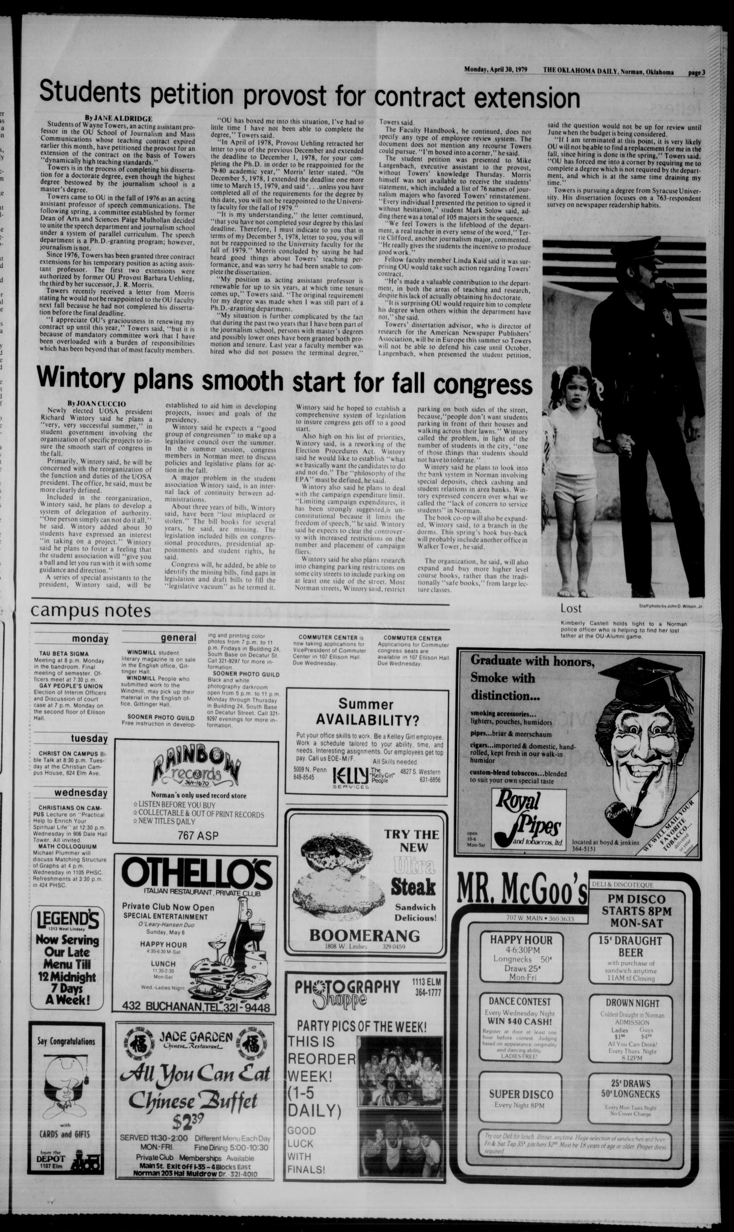 The Oklahoma Daily (Norman, Okla.), Vol. 65, No. 154, Ed. 1 Monday, April 30, 1979
                                                
                                                    [Sequence #]: 3 of 9
                                                