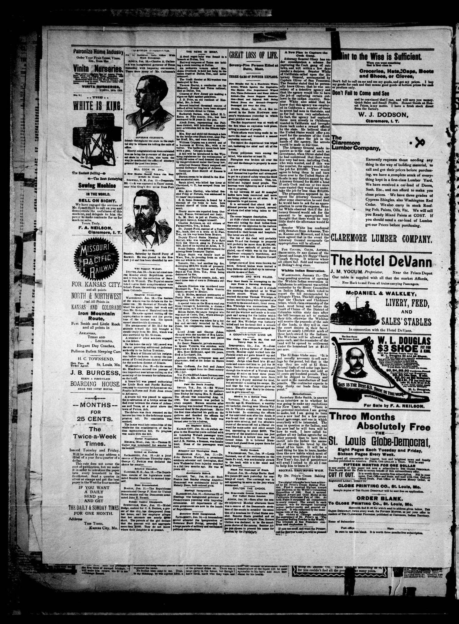 Claremore Progress. (Claremore, Indian Terr.), Vol. 2, No. 51, Ed. 1 Saturday, January 19, 1895
                                                
                                                    [Sequence #]: 4 of 4
                                                