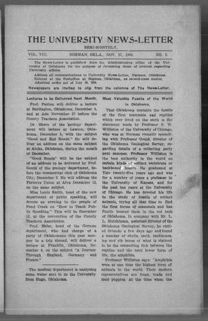 Primary view of object titled 'The University News=Letter (Norman, Okla.), Vol. 8, No. 5, Ed. 1 Friday, November 27, 1908'.