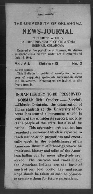 The University of Oklahoma News-Journal (Norman, Okla.), Vol. 7, No. 3, Ed. 1 Monday, October 12, 1914