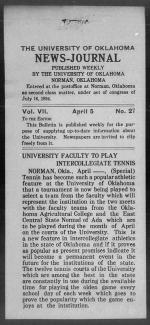 Primary view of object titled 'The University of Oklahoma News-Journal (Norman, Okla.), Vol. 7, No. 27, Ed. 1 Monday, April 5, 1915'.