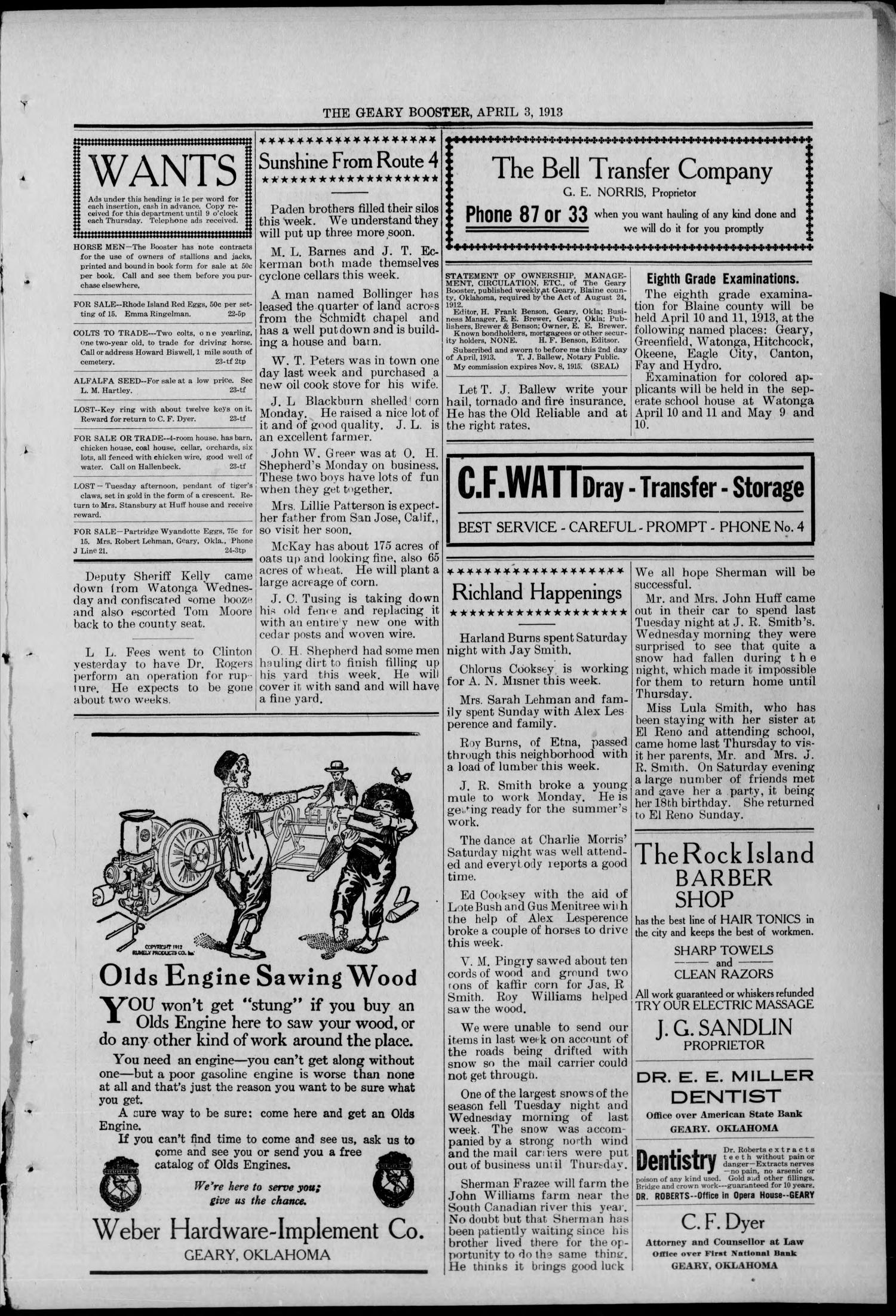 The Geary Booster (Geary, Okla.), Vol. 1, No. 24, Ed. 1 Friday, April 4, 1913
                                                
                                                    [Sequence #]: 3 of 8
                                                