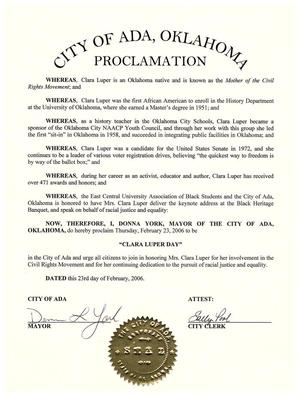 Proclamation from the City of Ada, Oklahoma