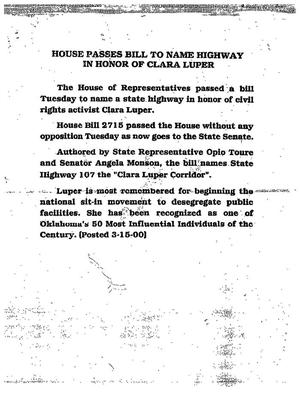 Notice regarding House Bill 2715 to name a highway after Clara Luper