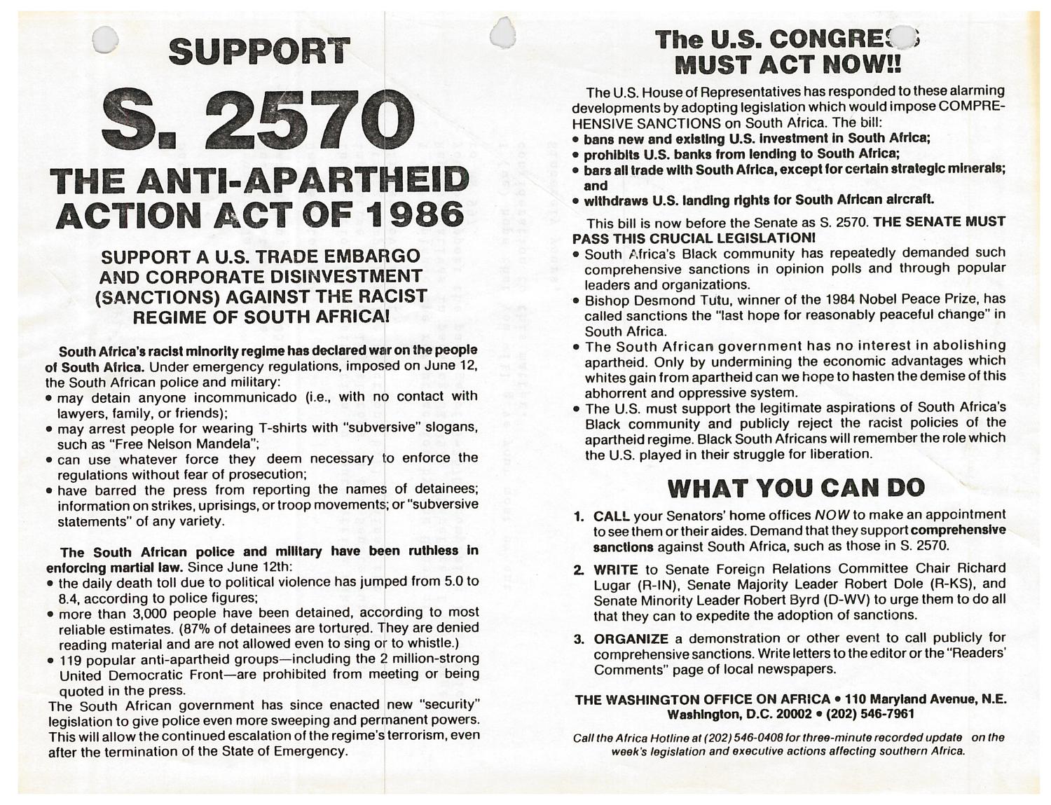 S. 2570 The Anti-Apartheid Action Act of 1986
                                                
                                                    [Sequence #]: 1 of 1
                                                
