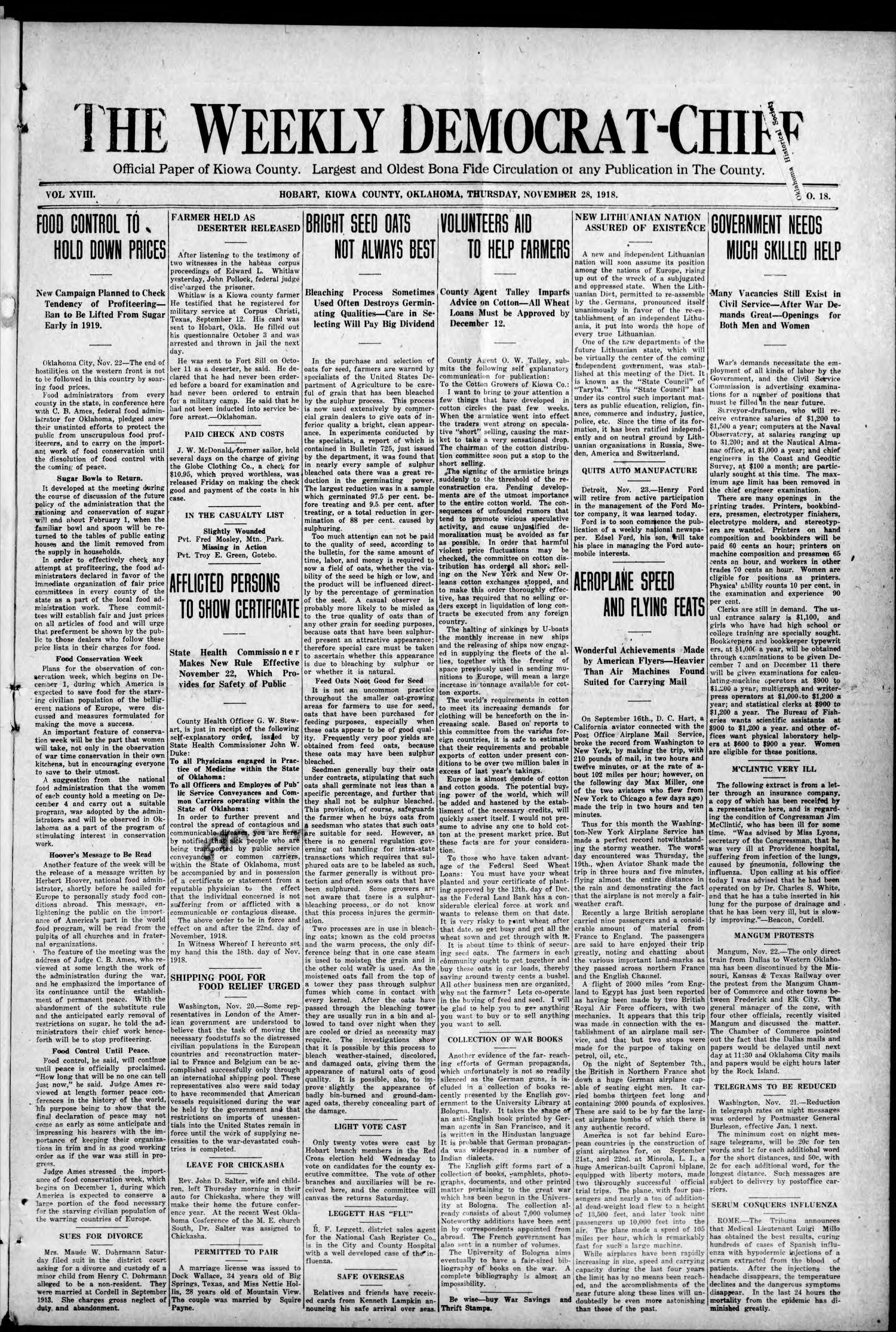 The Weekly Democrat-Chief (Hobart, Okla.), Vol. 18, No. 18, Ed. 1 Thursday, November 28, 1918
                                                
                                                    [Sequence #]: 1 of 12
                                                