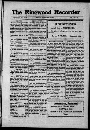 Primary view of object titled 'The Ringwood Recorder (Ringwood, Okla.), Vol. 4, No. 10, Ed. 1 Friday, December 19, 1924'.