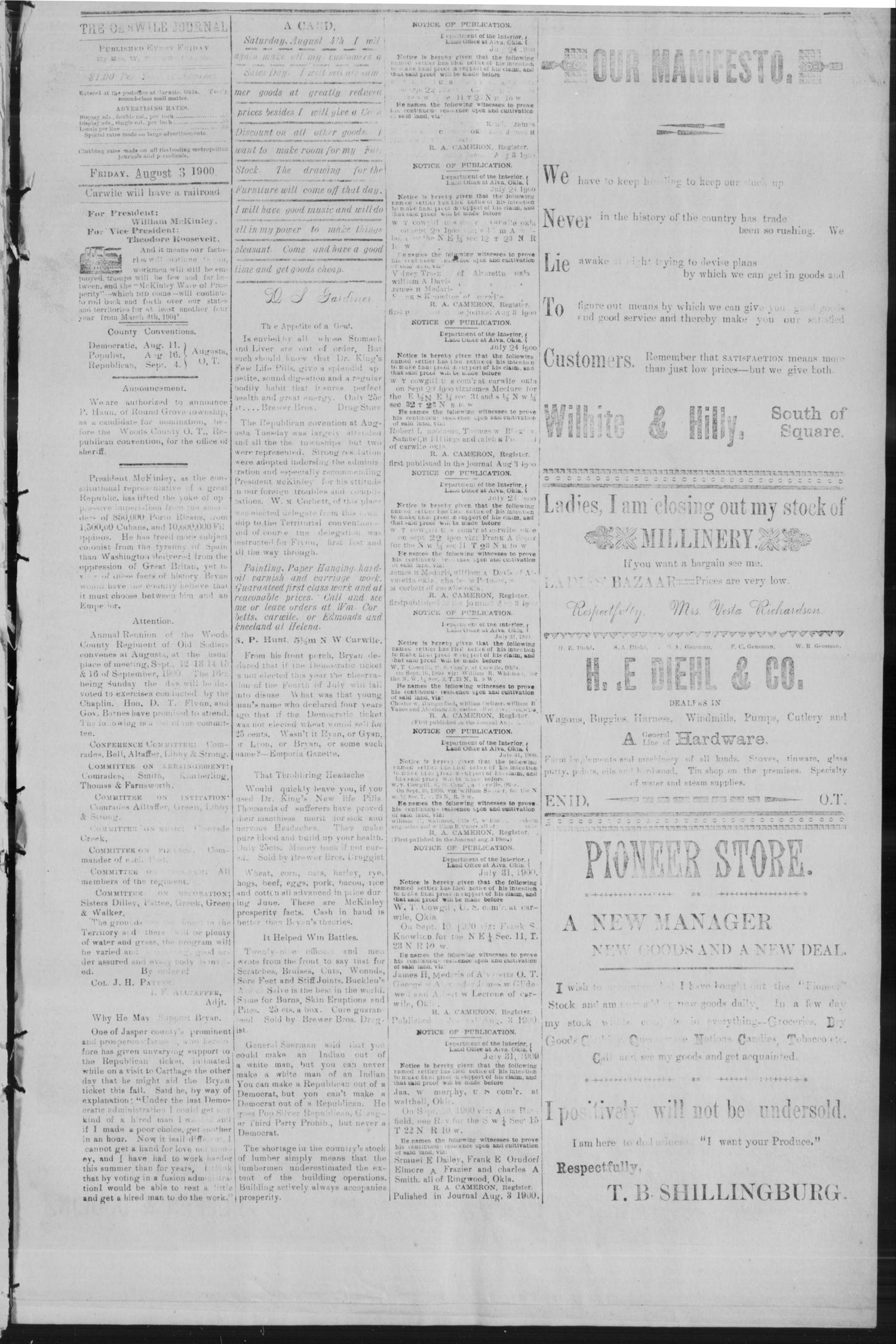 The Carwile Journal. (Carwile, Okla. Terr.), Vol. 2, No. 50, Ed. 1 Friday, August 3, 1900
                                                
                                                    [Sequence #]: 3 of 8
                                                