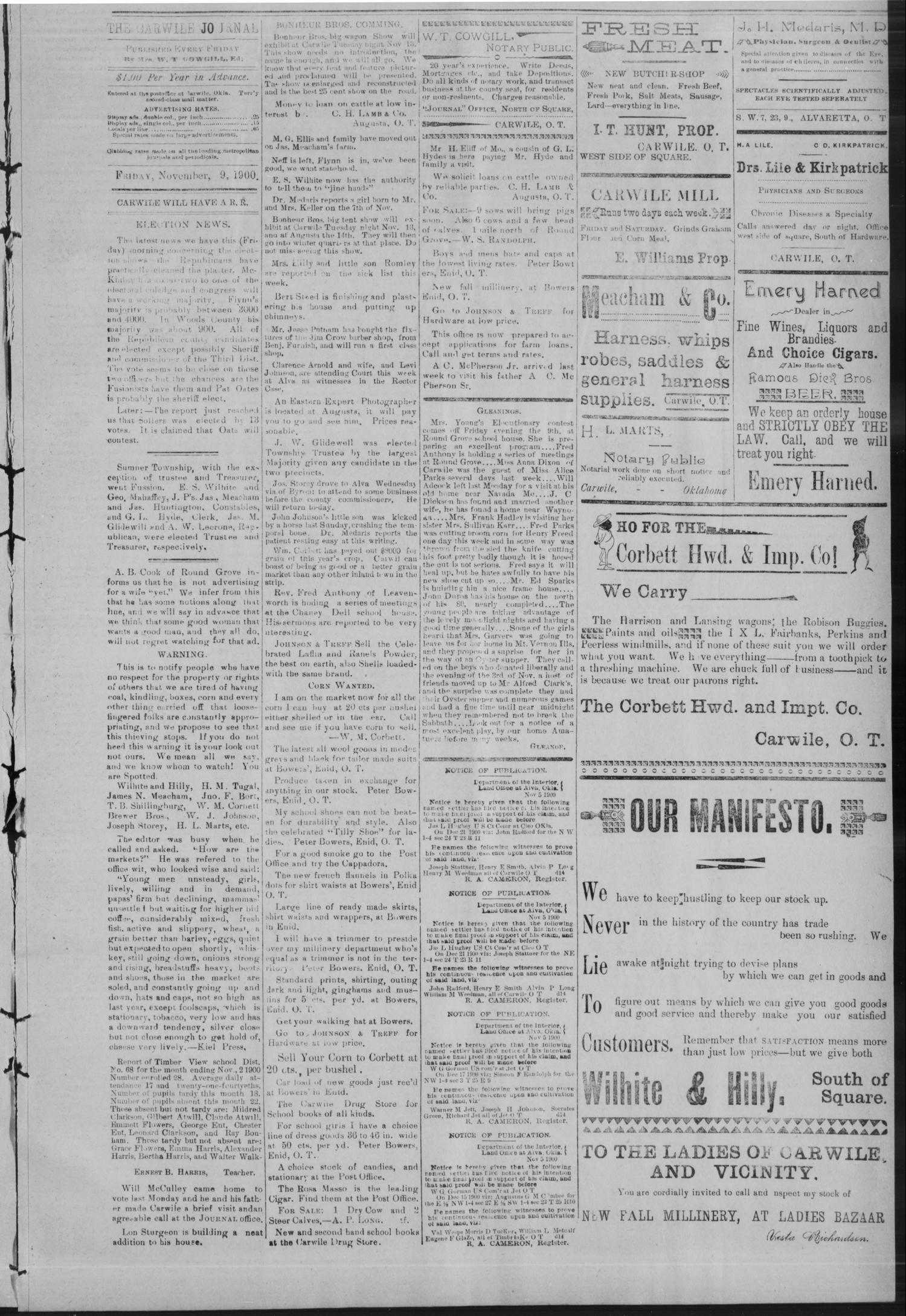 The Carwile Journal. (Carwile, Okla. Terr.), Vol. 3, No. 12, Ed. 1 Friday, November 9, 1900
                                                
                                                    [Sequence #]: 3 of 8
                                                
