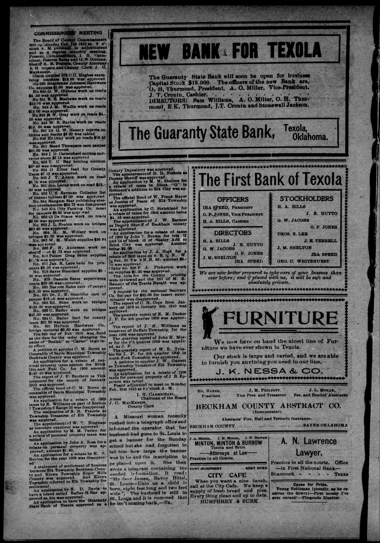 The Texola Herald (Texola, Okla.), Vol. 8, No. 45, Ed. 1 Friday, February 11, 1910
                                                
                                                    [Sequence #]: 4 of 8
                                                