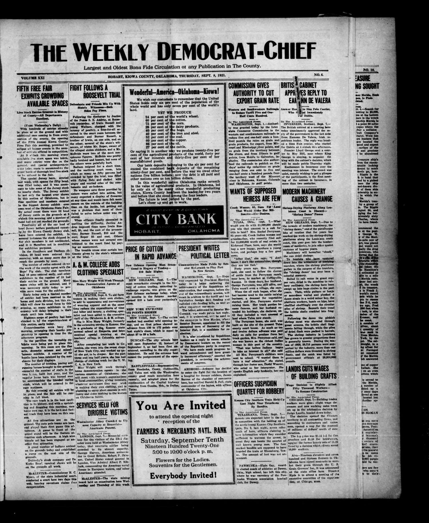 The Weekly Democrat-Chief (Hobart, Okla.), Vol. 21, No. 6, Ed. 1 Thursday, September 8, 1921
                                                
                                                    [Sequence #]: 1 of 8
                                                
