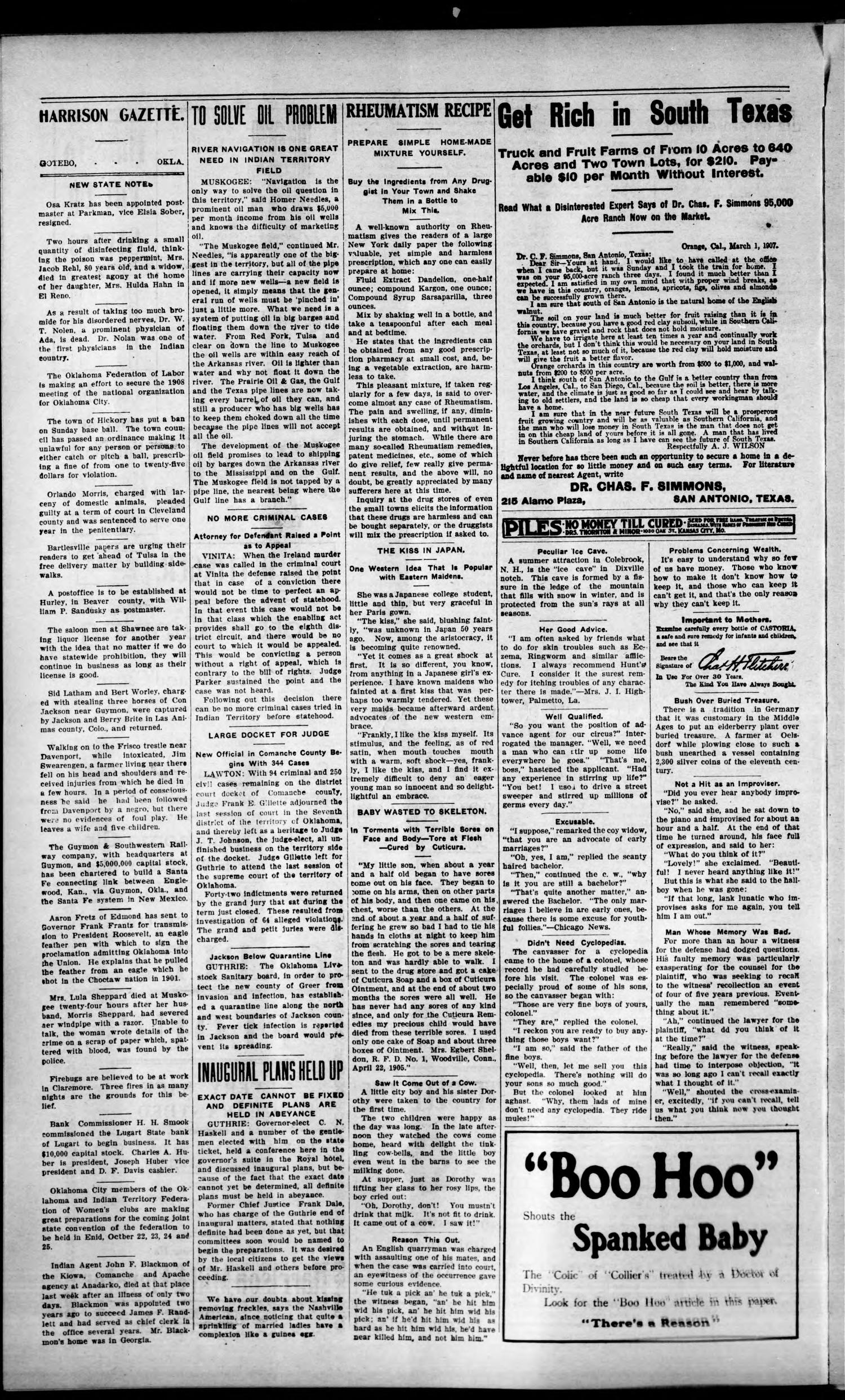 The Harrison Gazette. The Gotebo Gazette. (Gotebo, Okla.), Vol. 7, No. 10, Ed. 1 Friday, October 18, 1907
                                                
                                                    [Sequence #]: 4 of 10
                                                