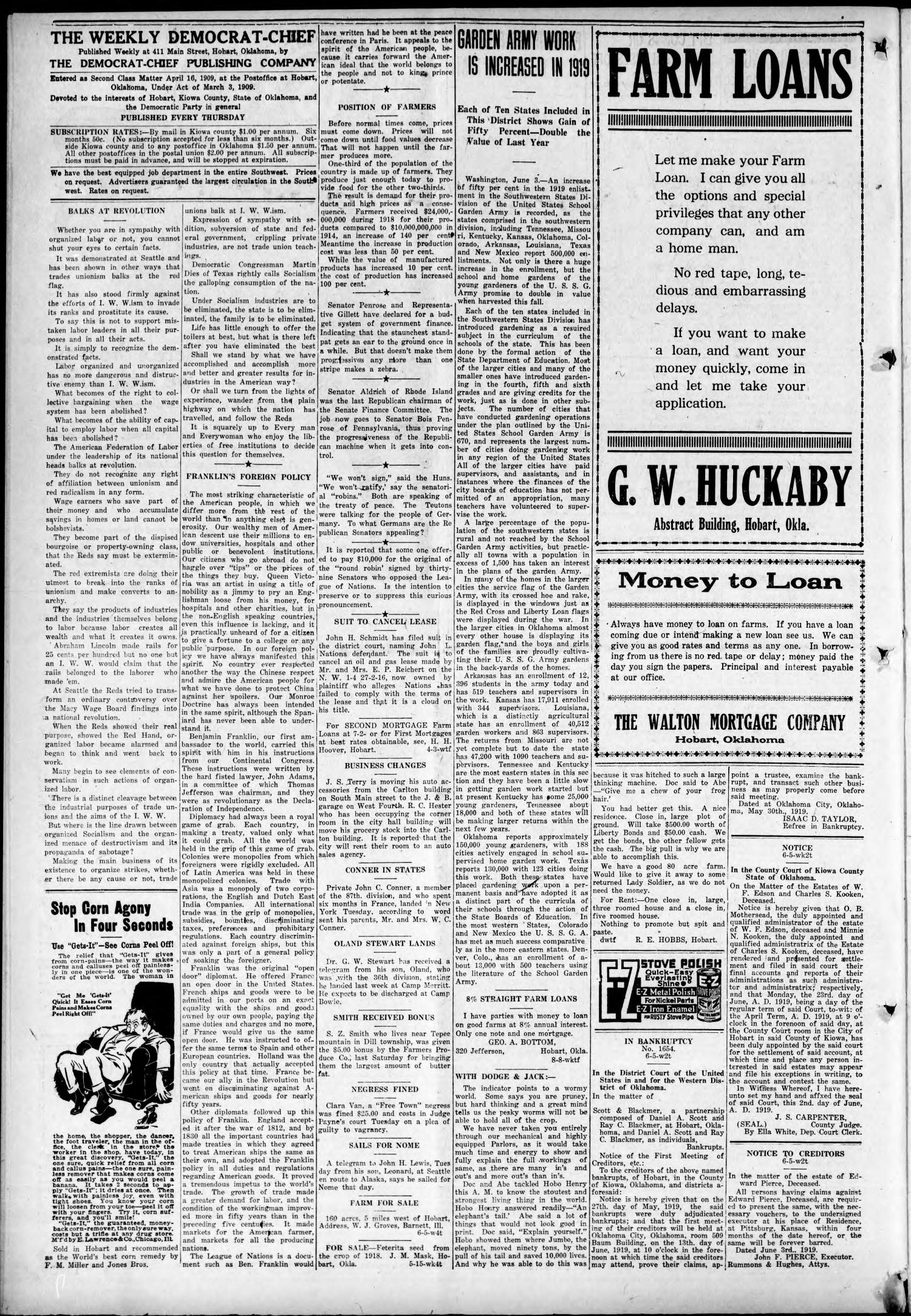 The Weekly Democrat-Chief (Hobart, Okla.), Vol. 18, No. 45, Ed. 1 Thursday, June 5, 1919
                                                
                                                    [Sequence #]: 4 of 8
                                                