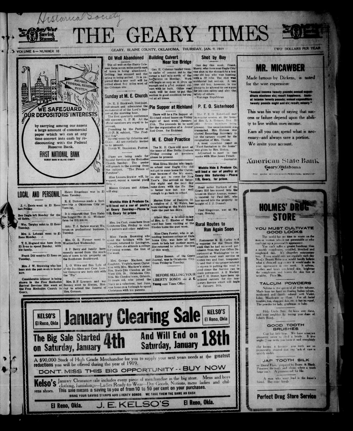 The Geary Times (Geary, Okla.), Vol. 6, No. 10, Ed. 1 Thursday, January 9, 1919
                                                
                                                    [Sequence #]: 1 of 8
                                                