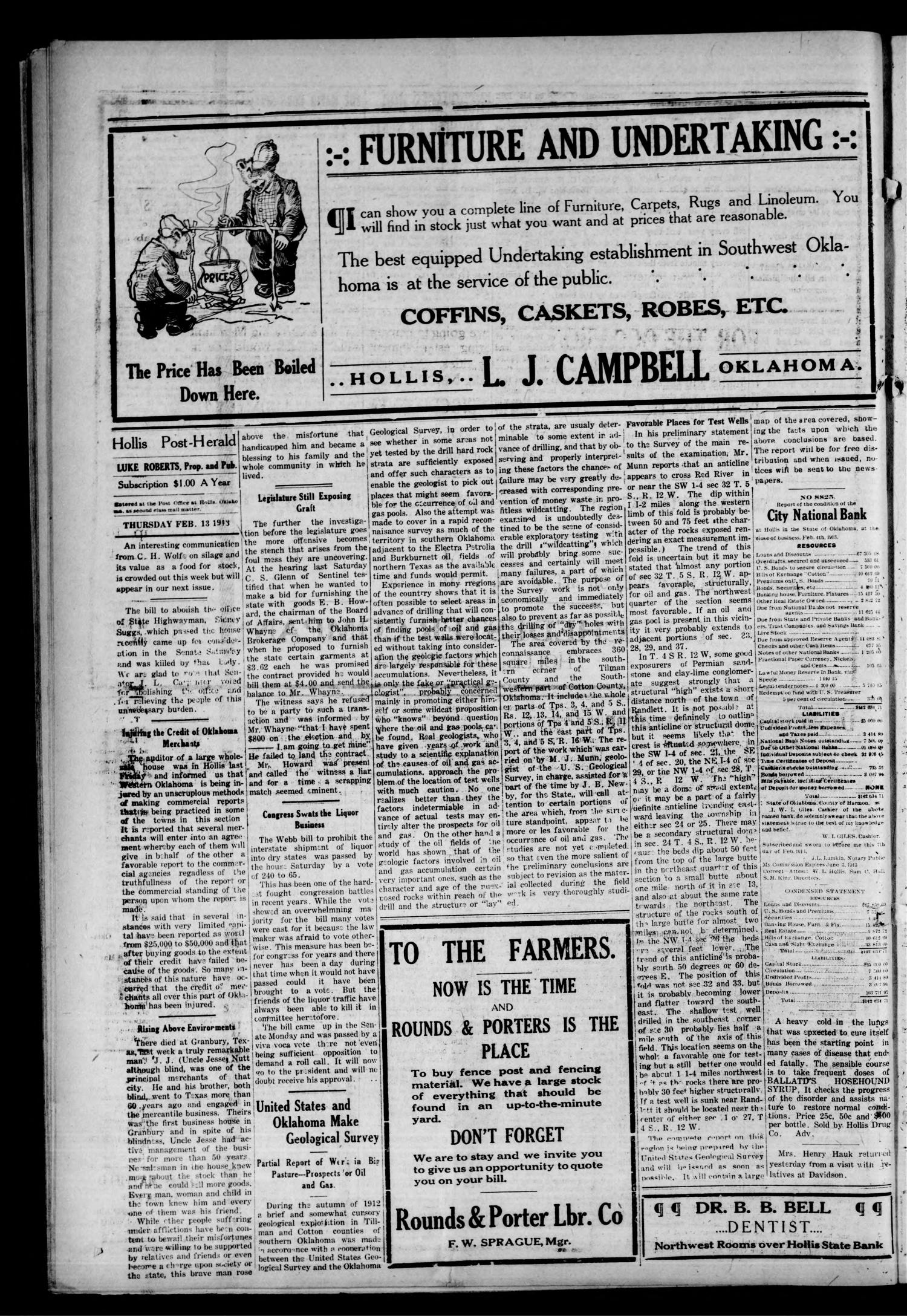 Hollis Post-Herald (Hollis, Okla.), Vol. 13, No. 29, Ed. 1 Thursday, February 13, 1913
                                                
                                                    [Sequence #]: 4 of 8
                                                