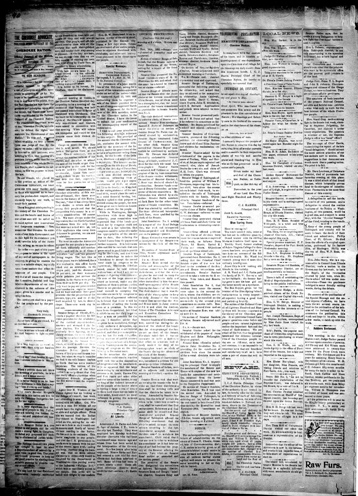The Cherokee Advocate. (Tahlequah, Cherokee Nation, Indian Terr.), Vol. 18, No. 14, Ed. 1 Saturday, November 25, 1893
                                                
                                                    [Sequence #]: 2 of 4
                                                