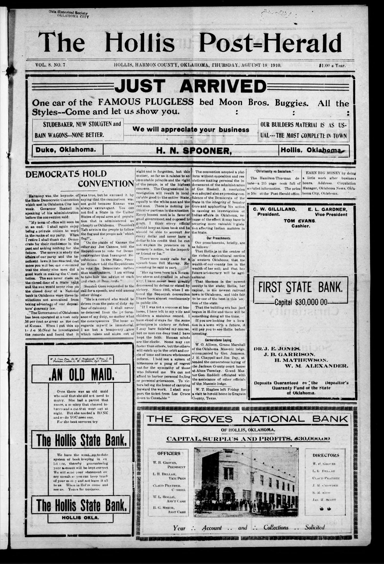 The Hollis Post--Herald (Hollis, Okla.), Vol. 8, No. 7, Ed. 1 Thursday, August 18, 1910
                                                
                                                    [Sequence #]: 1 of 8
                                                