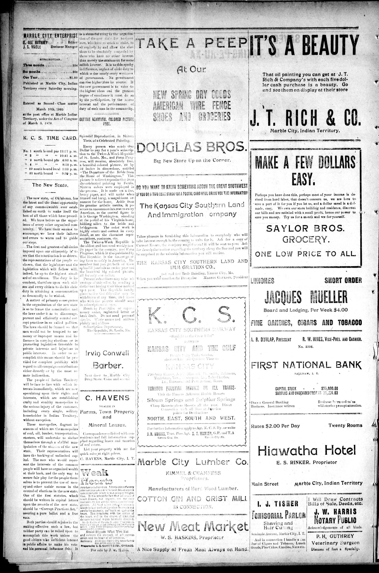Marble City Enterprise. (Marble City, Indian Terr.), Vol. 2, No. 13, Ed. 1 Saturday, March 17, 1906
                                                
                                                    [Sequence #]: 4 of 4
                                                