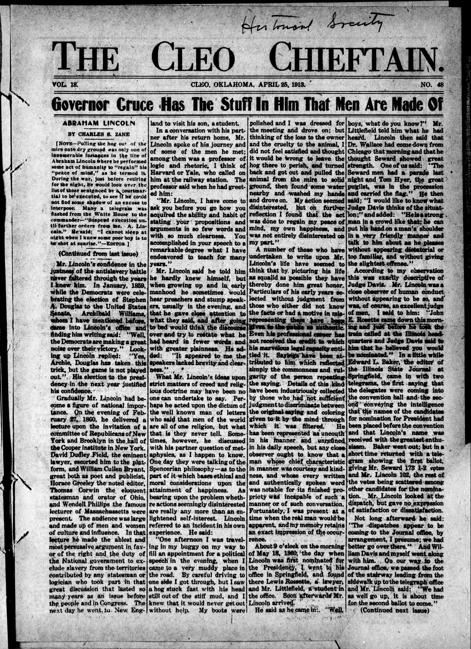 The Cleo Chieftain. (Cleo, Okla.), Vol. 18, No. 48, Ed. 1 Friday, April 25, 1913
                                                
                                                    [Sequence #]: 1 of 8
                                                