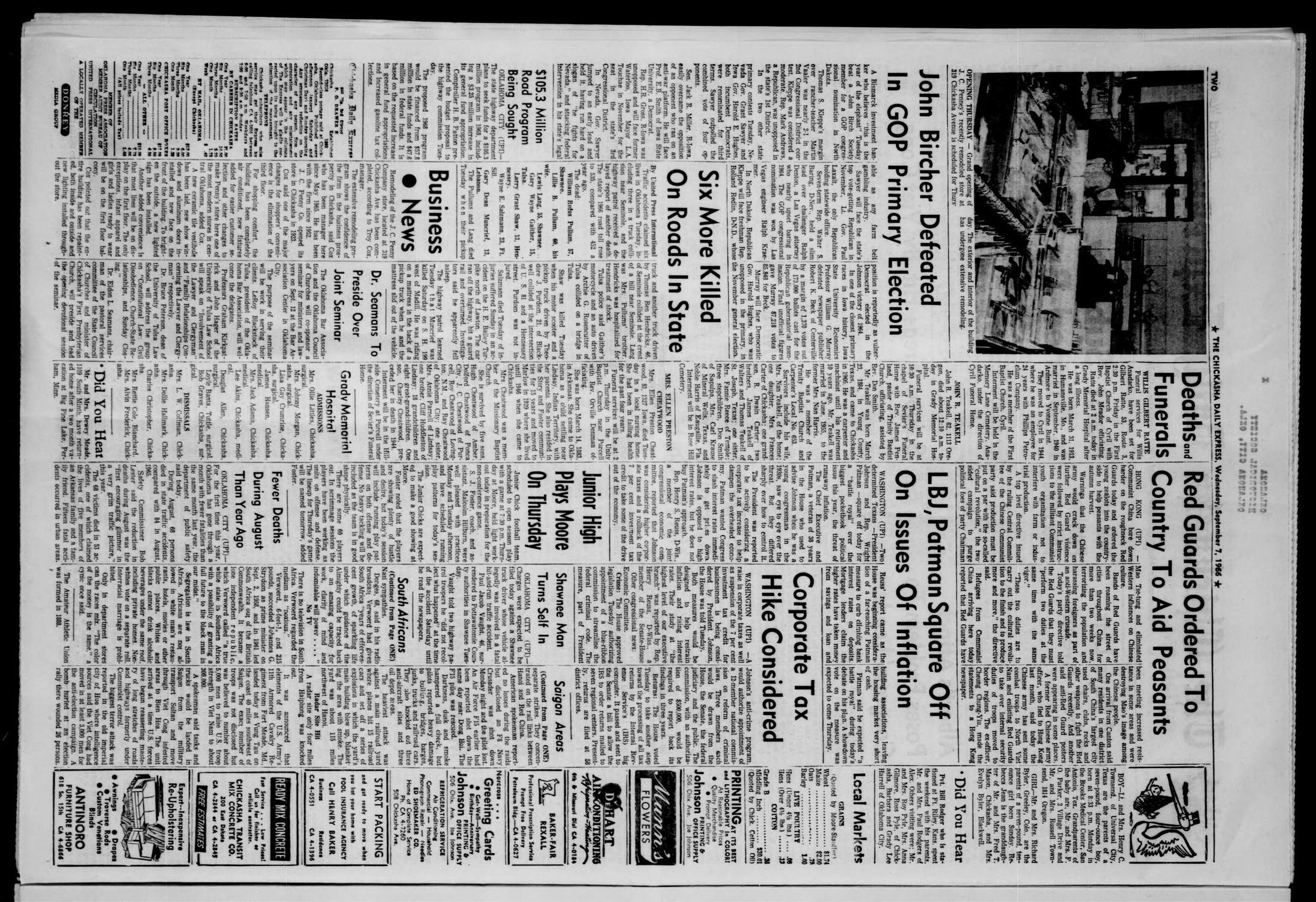 The Chickasha Daily Express (Chickasha, Okla.), Vol. 74, No. 174, Ed. 1 Wednesday, September 7, 1966
                                                
                                                    [Sequence #]: 2 of 12
                                                