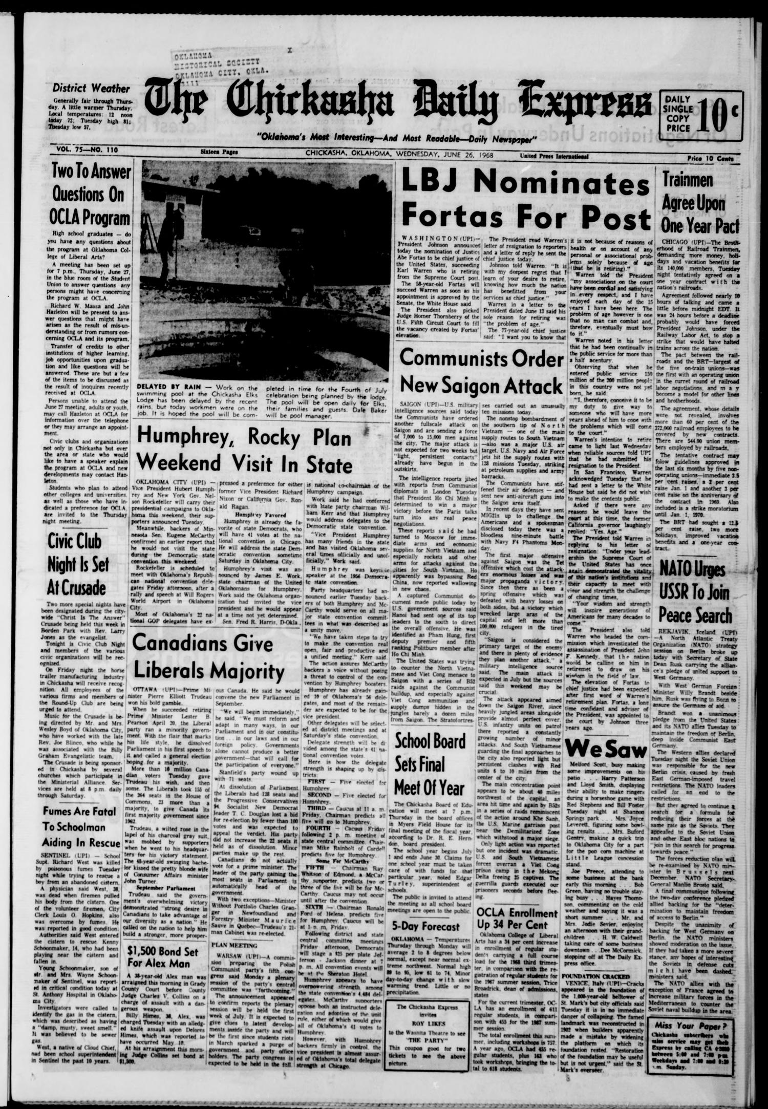 The Chickasha Daily Express (Chickasha, Okla.), Vol. 76, No. 110, Ed. 1 Wednesday, June 26, 1968
                                                
                                                    [Sequence #]: 1 of 16
                                                