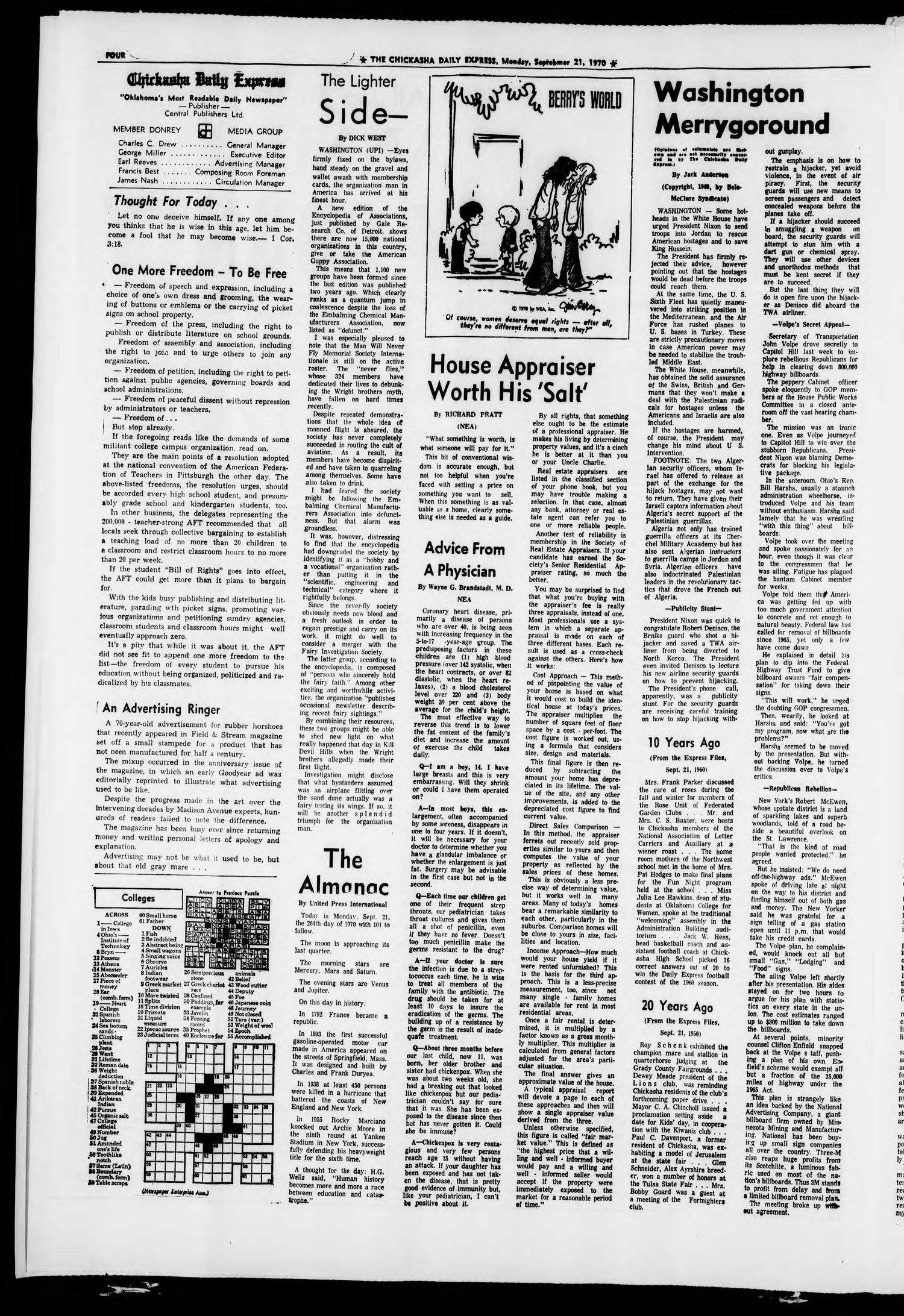 The Chickasha Daily Express (Chickasha, Okla.), Vol. 78, No. 182, Ed. 1 Monday, September 21, 1970
                                                
                                                    [Sequence #]: 4 of 8
                                                