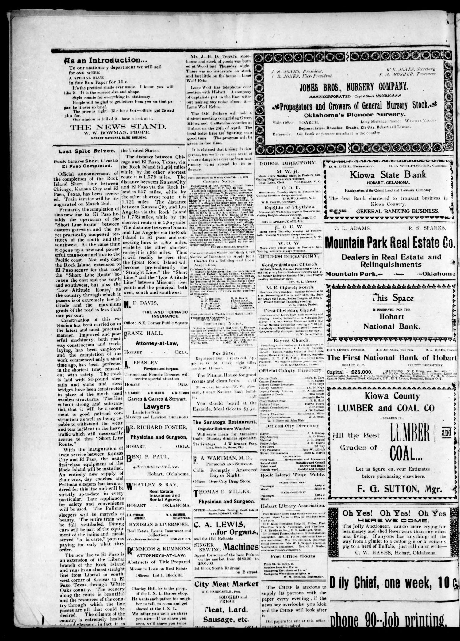 The Hobart Weekly Chief. (Hobart, Okla.), Vol. 1, No. 29, Ed. 1 Saturday, March 1, 1902
                                                
                                                    [Sequence #]: 4 of 4
                                                