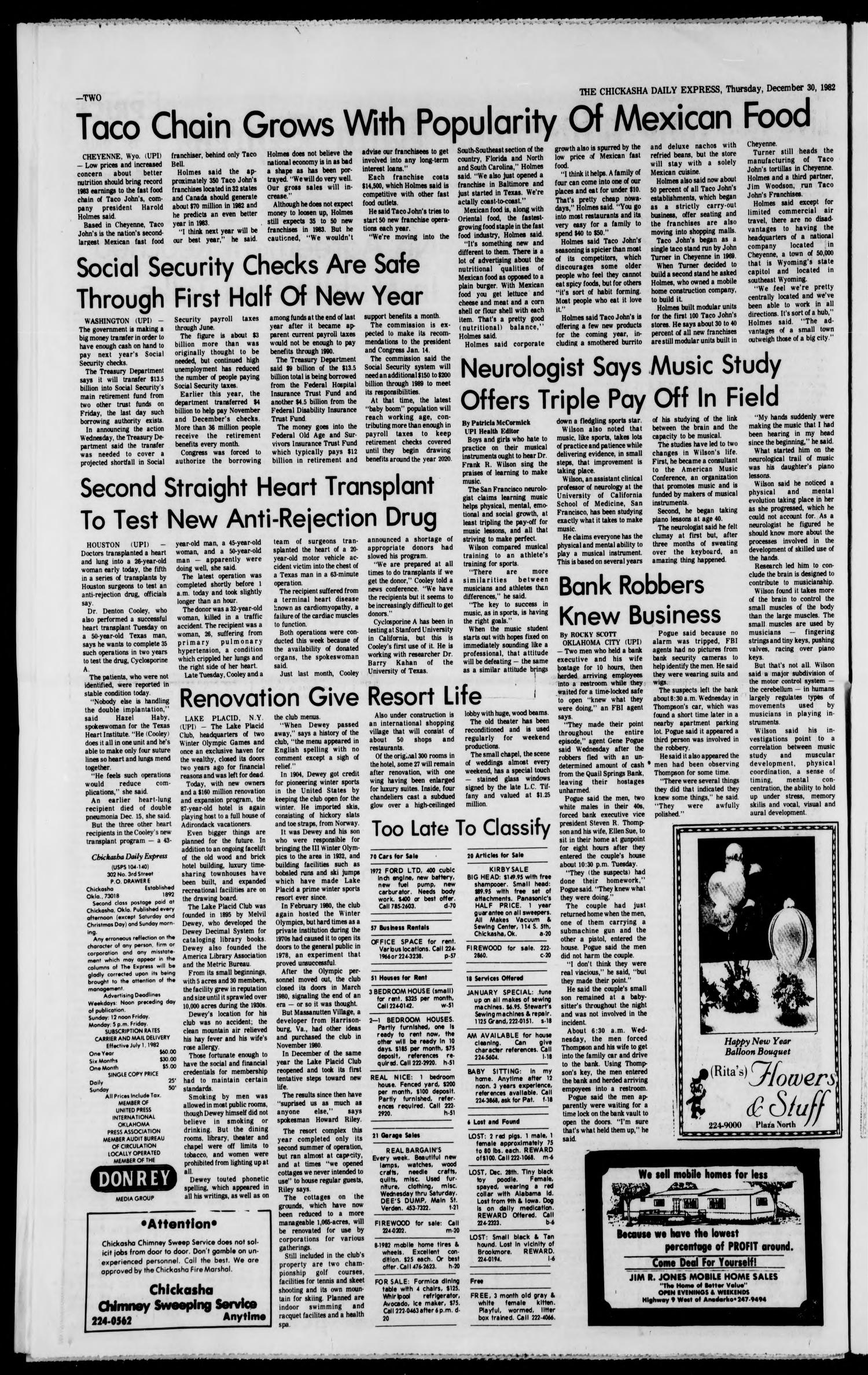 The Chickasha Daily Express (Chickasha, Okla.), Vol. 91, No. 322, Ed. 1 Thursday, December 30, 1982
                                                
                                                    [Sequence #]: 2 of 12
                                                