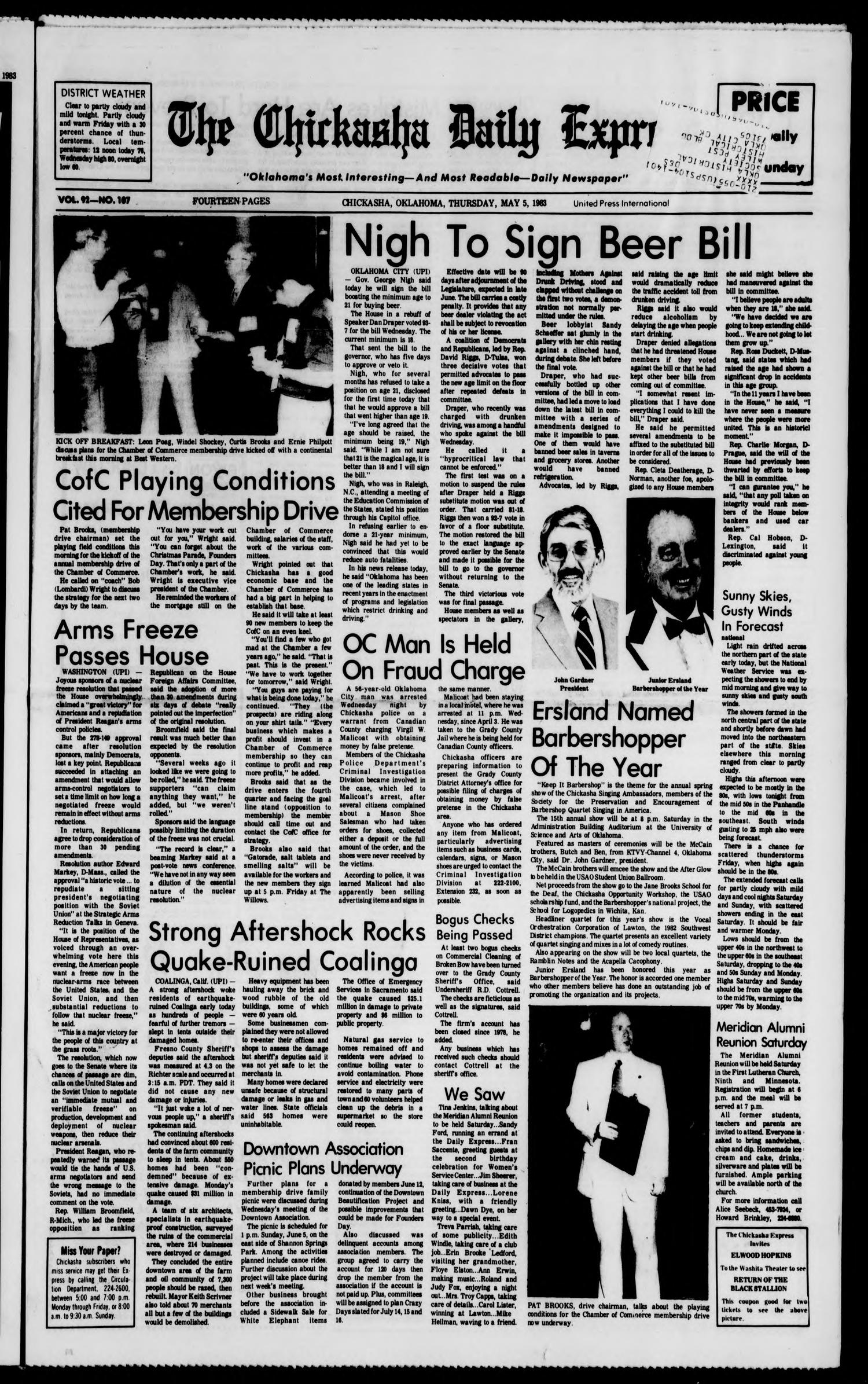 The Chickasha Daily Express (Chickasha, Okla.), Vol. 92, No. 107, Ed. 1 Thursday, May 5, 1983
                                                
                                                    [Sequence #]: 1 of 14
                                                
