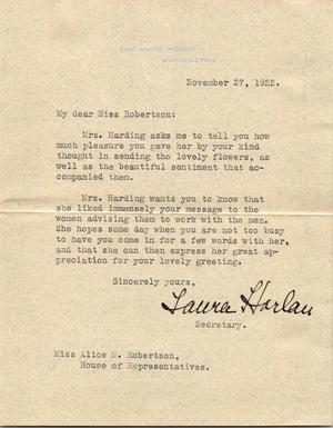 Letter to Alice Robertson from Laura Harlan regarding flowers she sent and a message