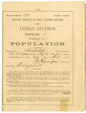 Primary view of object titled 'Tenth Census of the United States Indian Division District No 1, Arapaho Tribe'.