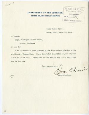 Letter to Mr. Scott from Sam B. Davis regarding the enrollment of George Horn