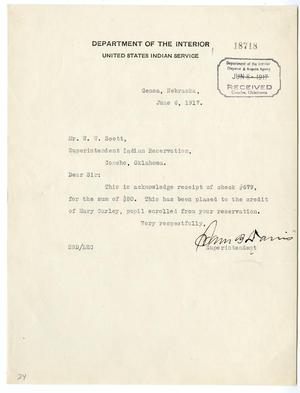 Letter to W.W. Scott from Sam B. Davis regarding a check for Mary Curley