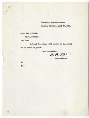 Letter to Sam B. Davis from W.W. Scott regarding a check for Rena Short Man