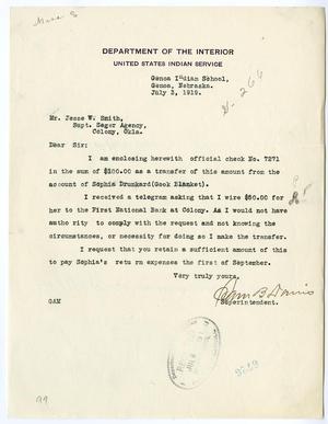 Letter to Jesse W. Smith from Sam B. Davis regarding a check for Sophia Drunkard (Good Blanket)