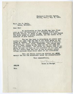 Letter to Sam B. Davis from C.W. Ruckman regarding the education of Sullivan Miller (Bignose), Cheyenne