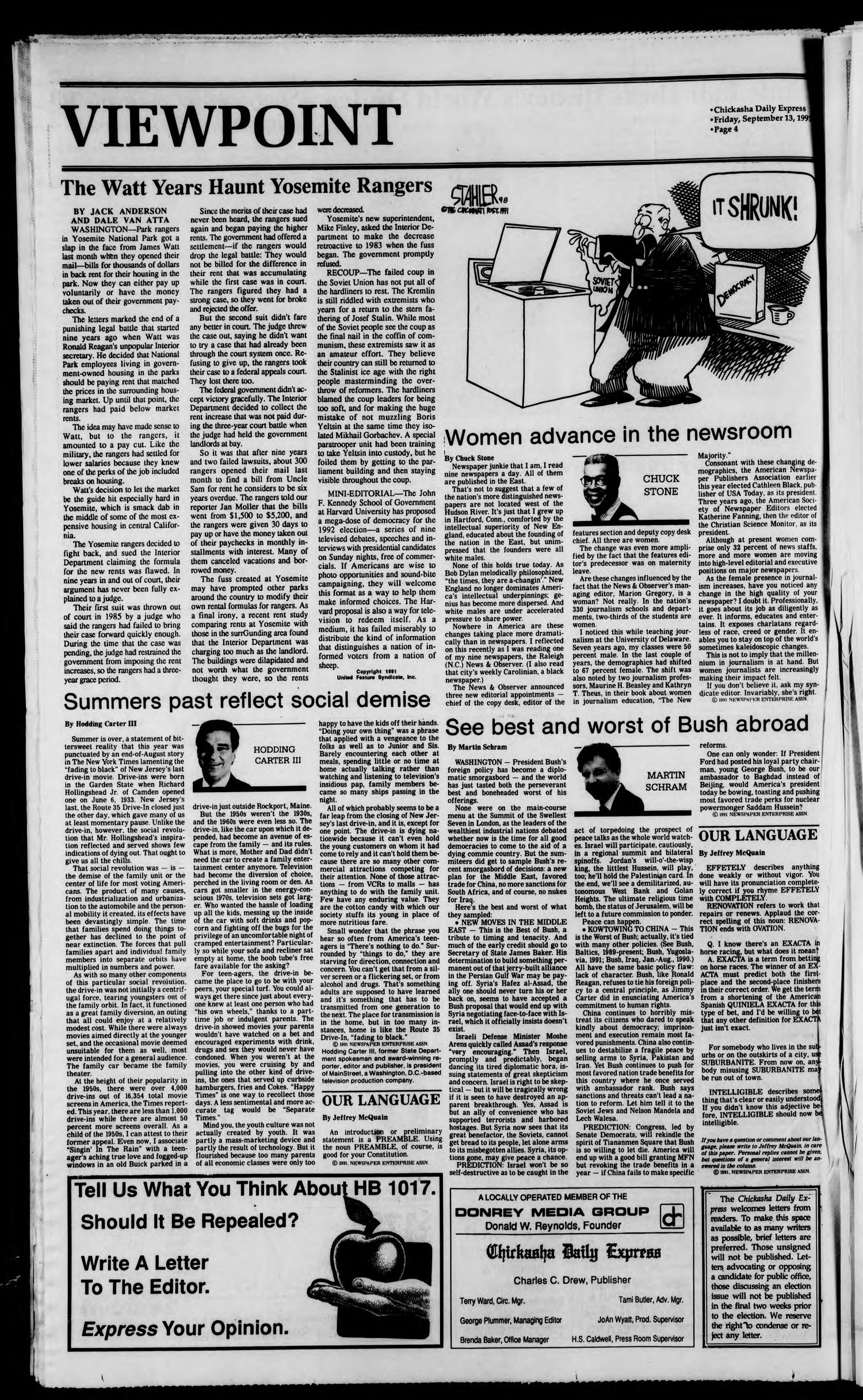 Chickasha Daily Express (Chickasha, Okla.), Vol. 100, No. 159, Ed. 1 Friday, September 13, 1991
                                                
                                                    [Sequence #]: 4 of 36
                                                