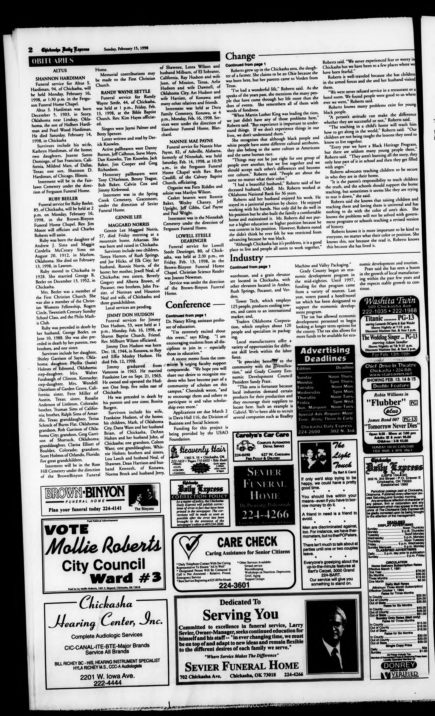 Chickasha Daily Express (Chickasha, Okla.), Ed. 1 Sunday, February 15, 1998
                                                
                                                    [Sequence #]: 2 of 34
                                                